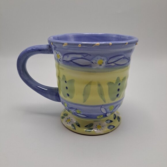 Les Fleurs Coffee Mug Cup Hand Painted Floral Yellow Blue 20 Oz - Picture 1 of 10